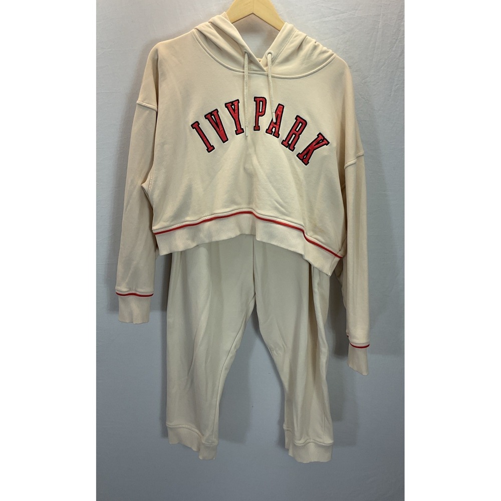 Ivy Park cropped Sweatsuit Set size LG/XL  Ivory Red Spell out‎ Lounge